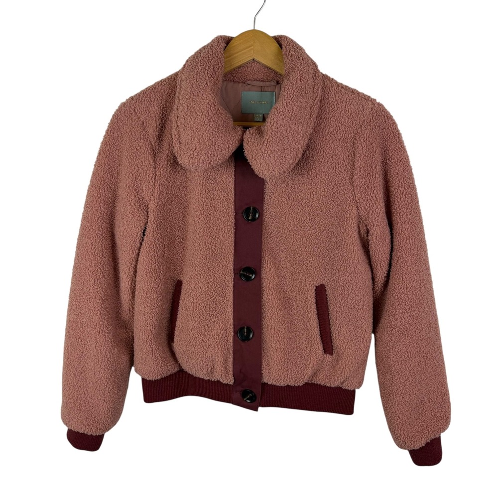 Skies Are Blue Pink Teddy Fleece Sherpa Bomber Jacket Size XS‎ Comfy Fall Retro